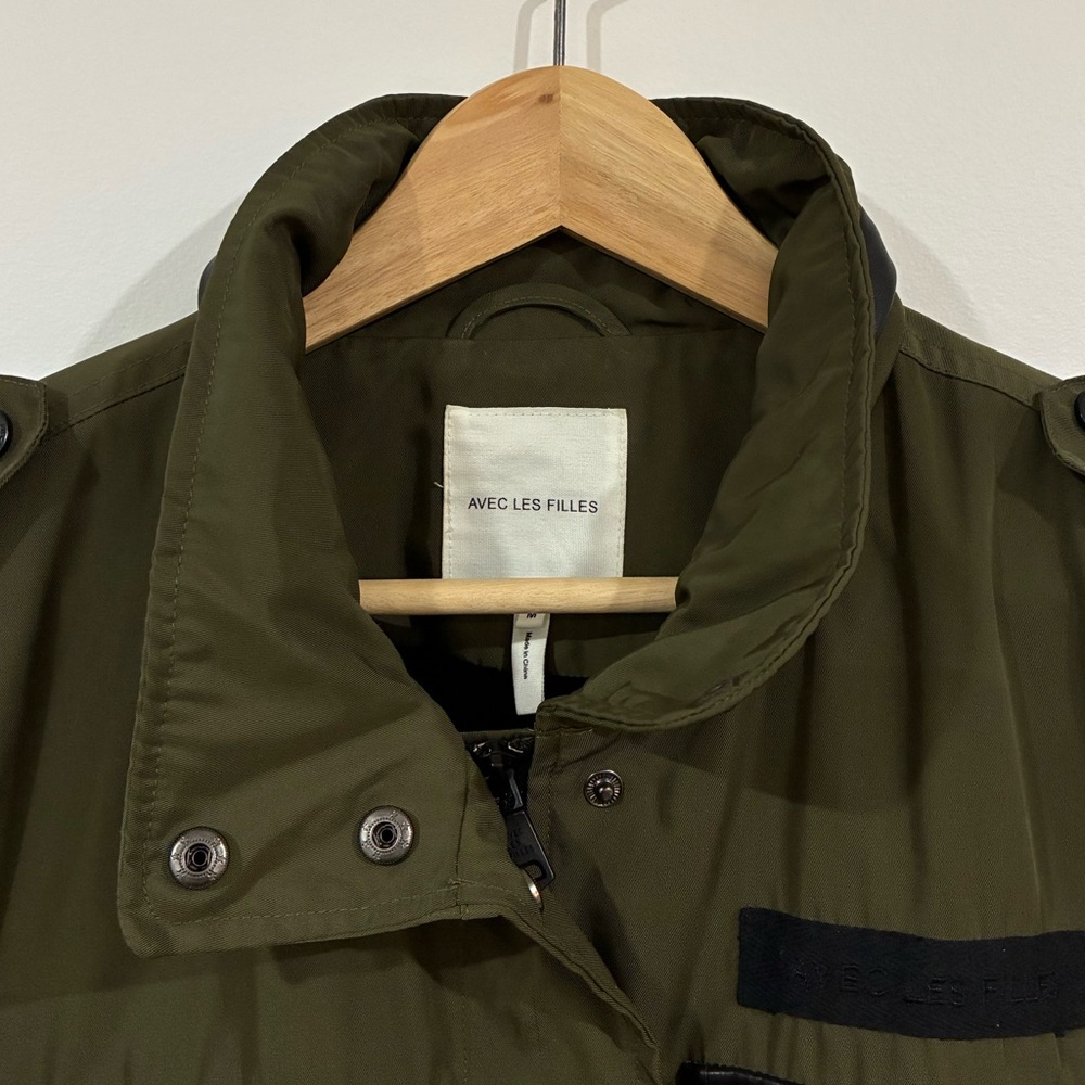 [M] AVEC LES FILLES Jacket Utility Olive Green Faux Leather Trim Anthropologie - Picture 3 of 8